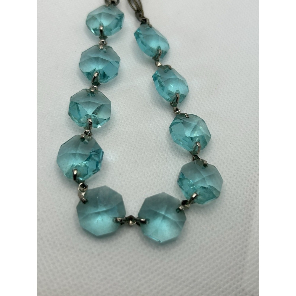 Aqua Blue Faceted Glass Statement Necklace Silver Tone Boho Wax Seal 18 In